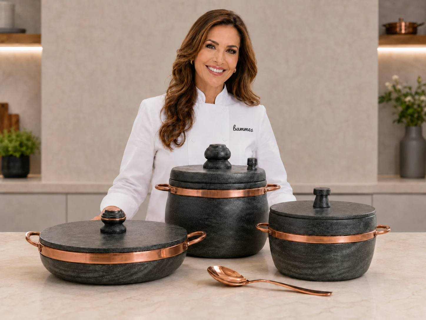Chef ao lado das panelas de pedra sabão Bummix na bancada da cozinha